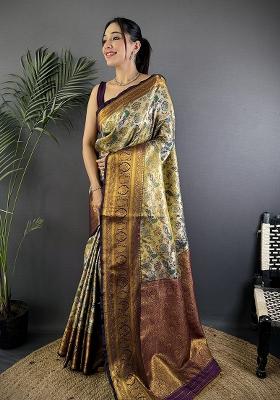 Green Woven Silk Saree Set