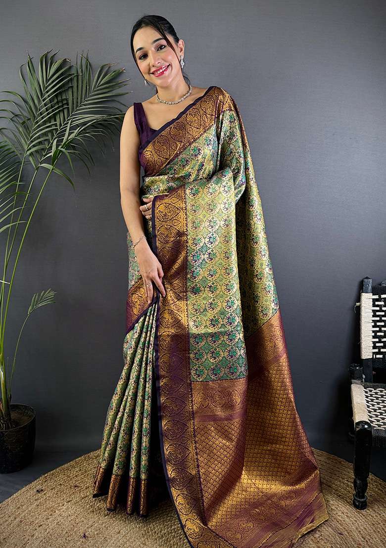 Grey Woven Silk Blend Saree Set for Diwali and Festive Wear - Indya