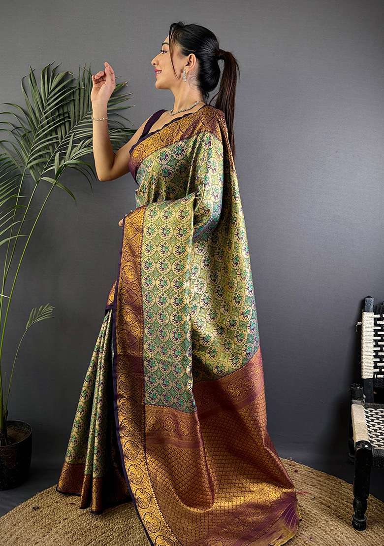 Grey Woven Silk Blend Saree Set for Diwali and Festive Wear - Indya