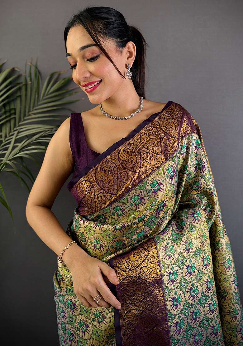 Grey Woven Silk Blend Saree Set for Diwali and Festive Wear - Indya