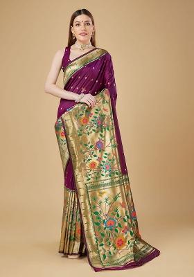 Purple Woven Silk Saree Set