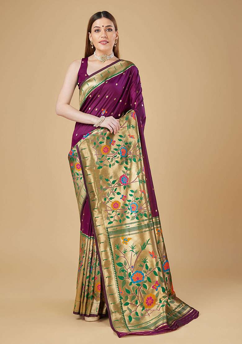 Purple Woven Silk Blend Saree Set for Diwali | Wedding & Festive Wear - Indya