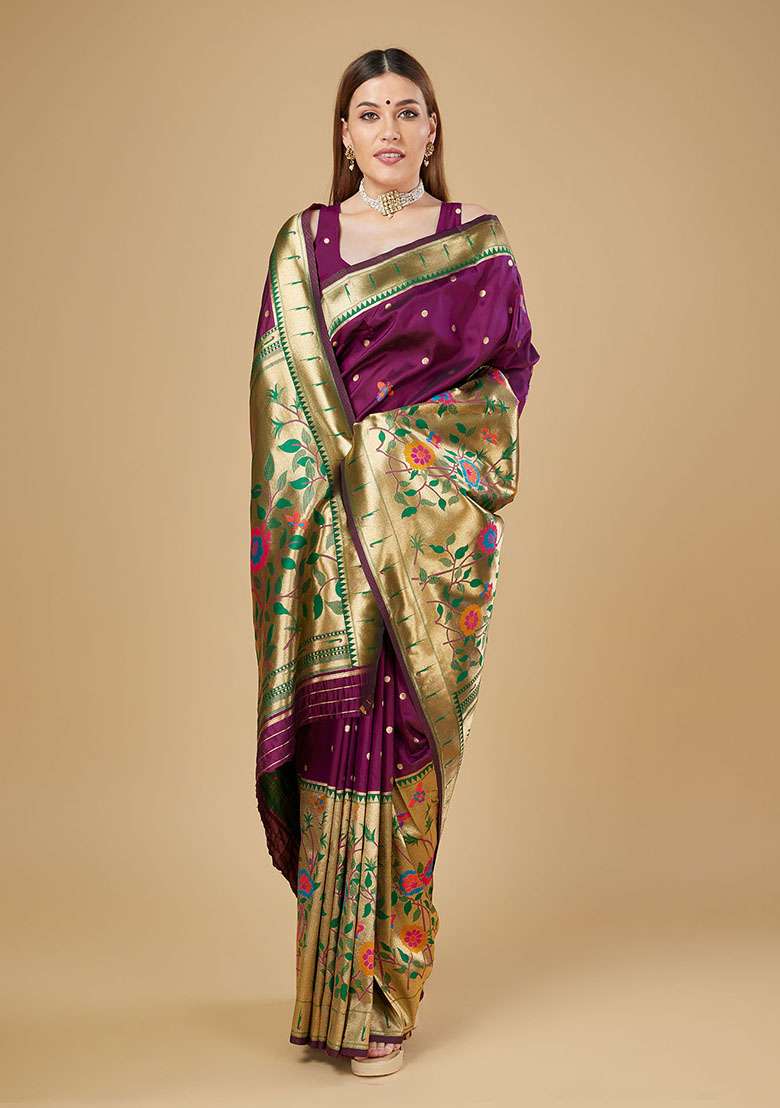 Purple Woven Silk Blend Saree Set for Diwali | Wedding & Festive Wear - Indya