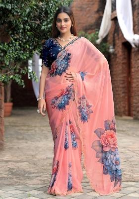 Pink Embroidered Silk Saree Set