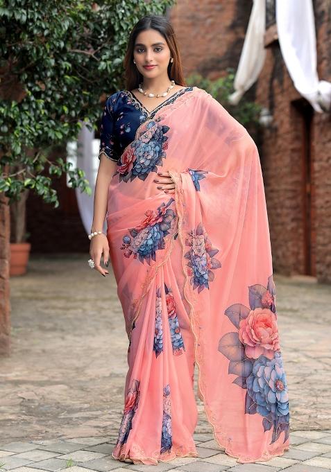 Pink Embroidered Silk Saree Set