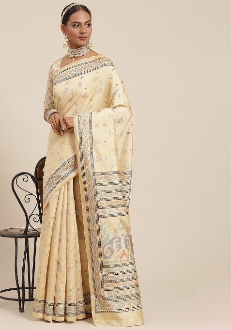 Beige Printed Bhagalpuri Silk Saree Set — view on Indya