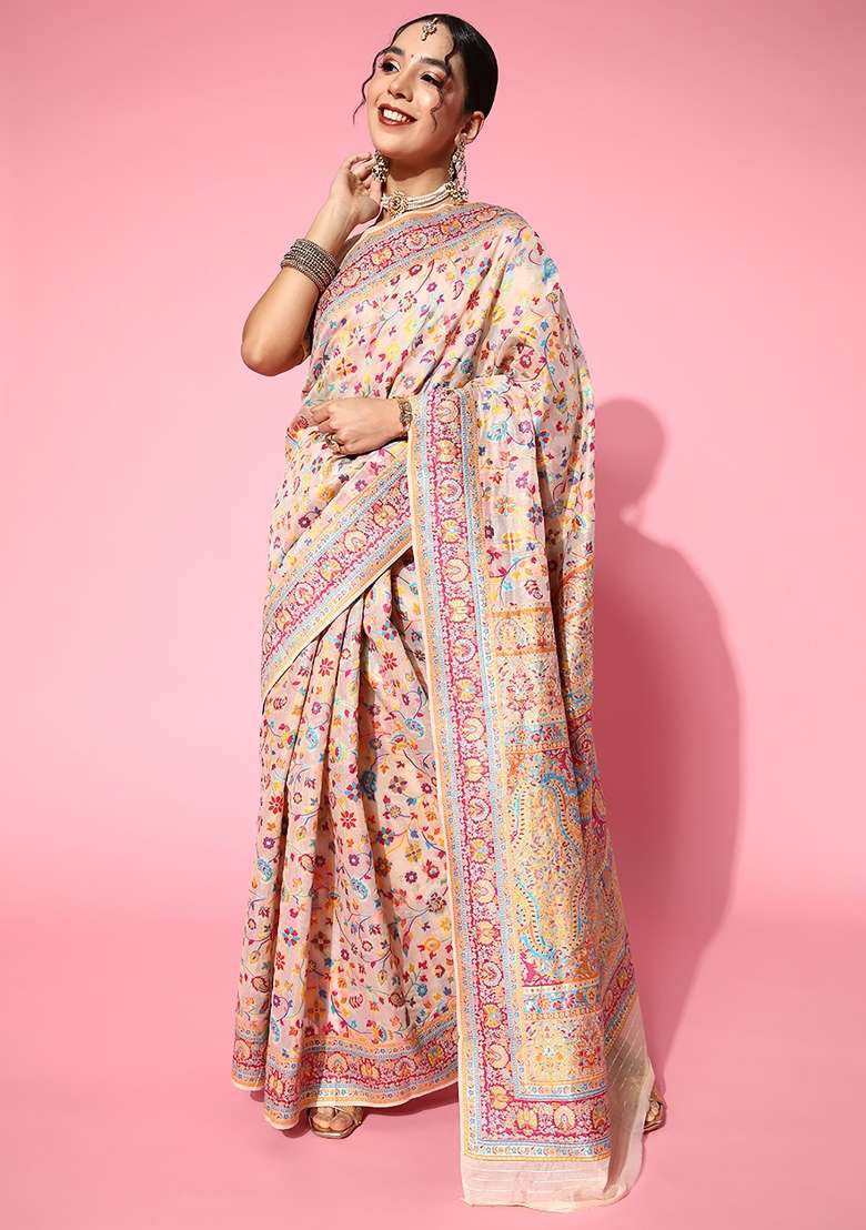Beige Printed Silk Blend Saree Set - Indya