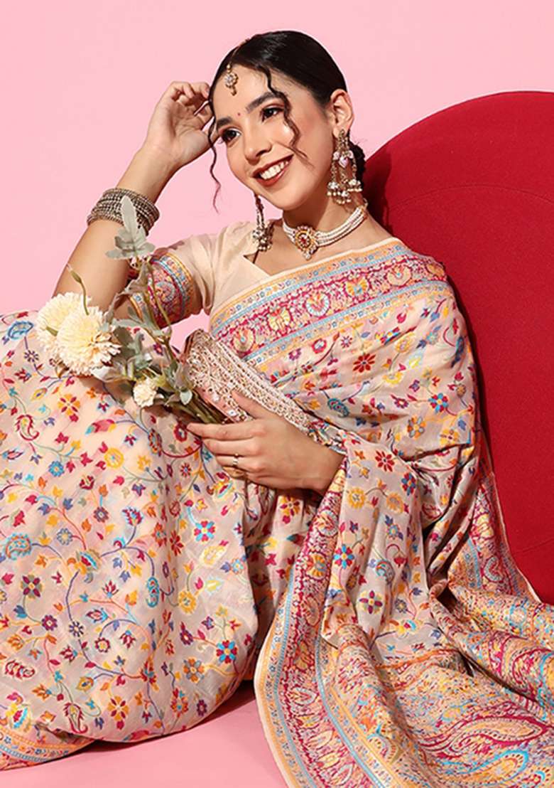 Beige Printed Silk Blend Saree Set - Indya