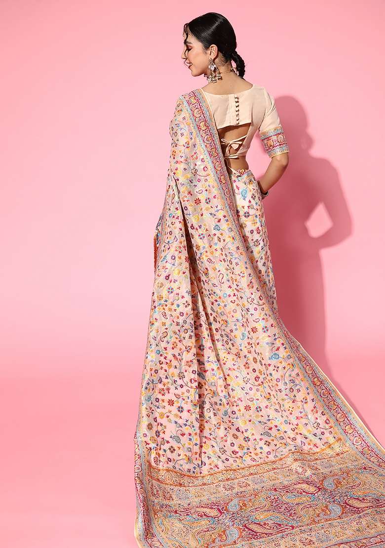 Beige Printed Silk Blend Saree Set - Indya