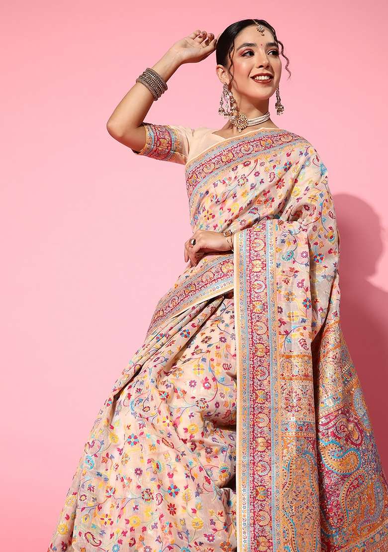 Beige Printed Silk Blend Saree Set - Indya