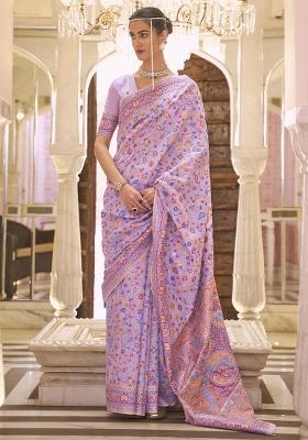 Lavender Printed Silk Blend Saree Set
