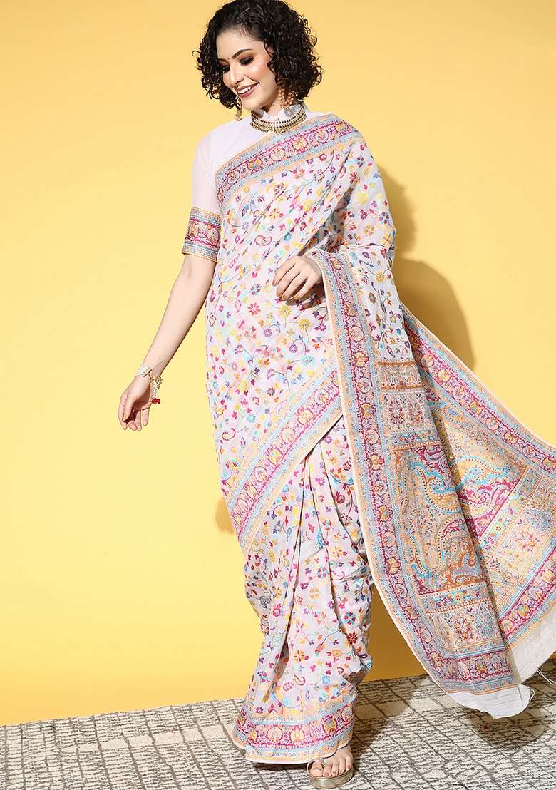 Cream Printed Silk Blend Saree Set - Indya