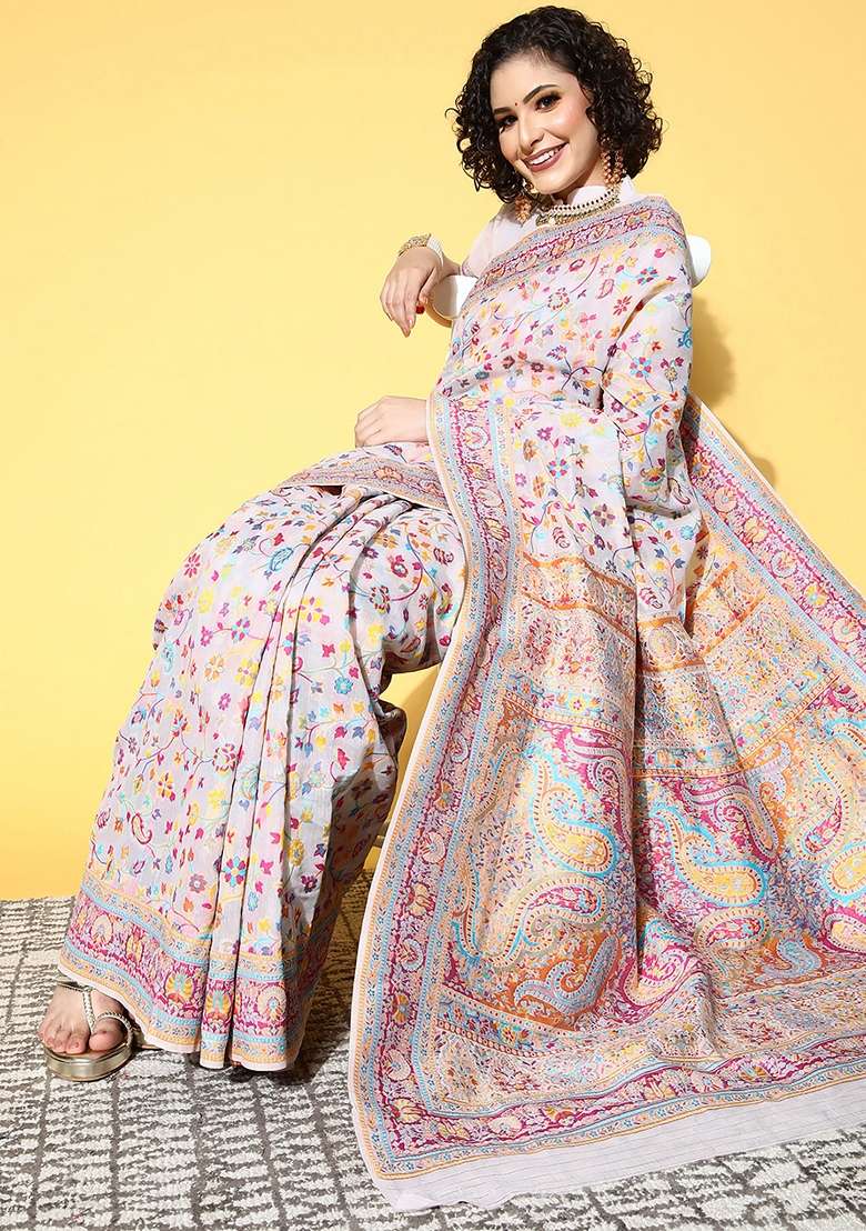 Cream Printed Silk Blend Saree Set - Indya