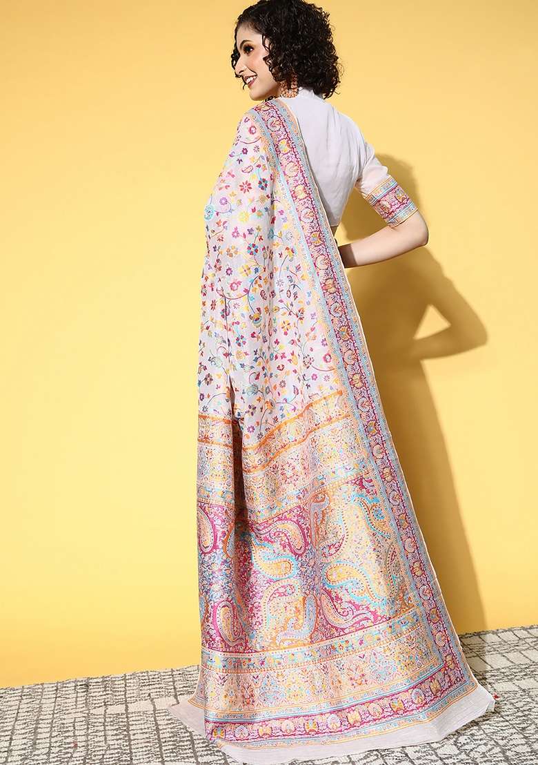 Cream Printed Silk Blend Saree Set - Indya
