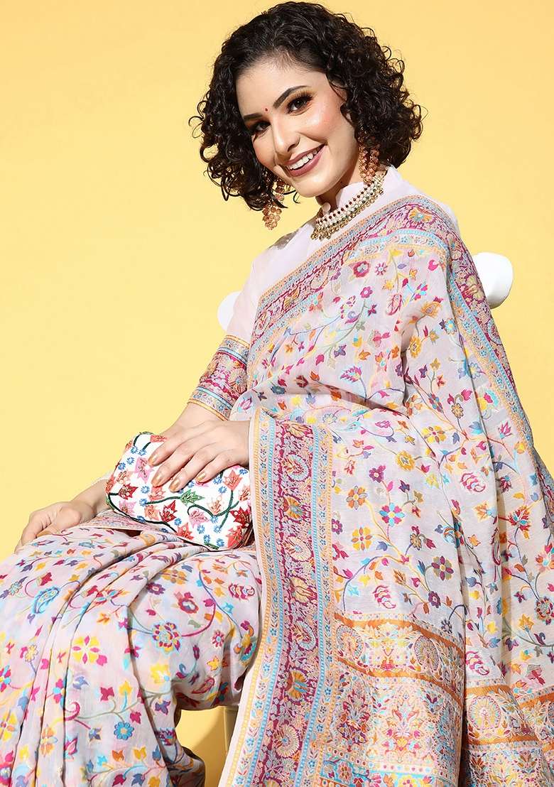 Cream Printed Silk Blend Saree Set - Indya