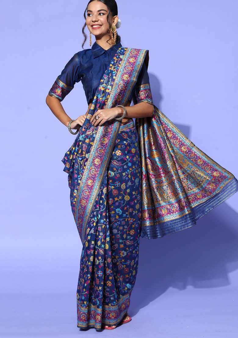 Navyblue Printed Silk Blend Saree Set - Indya