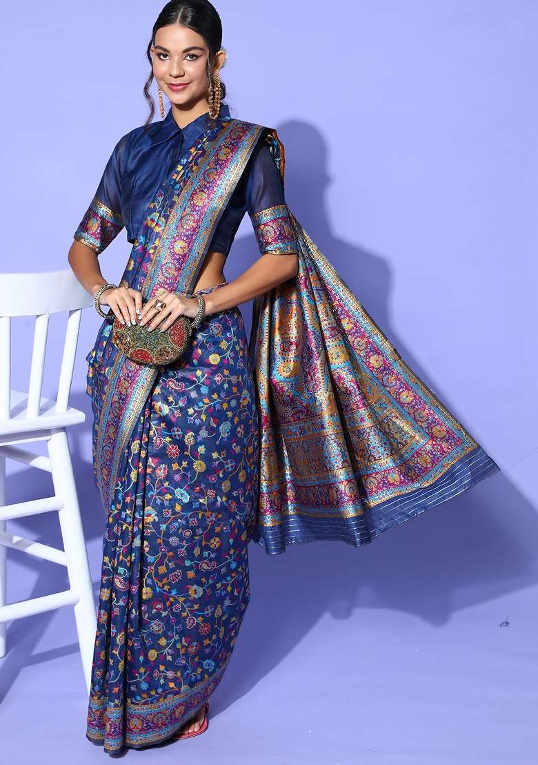 Navyblue Printed Silk Blend Saree Set - Indya