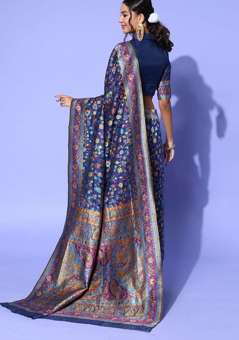 Navyblue Printed Silk Blend Saree Set - Indya
