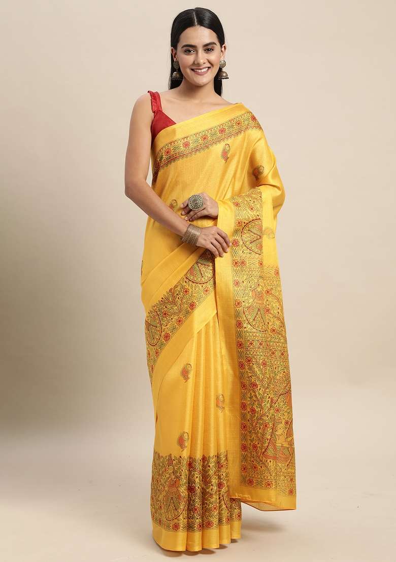 Mustard Printed Khadi Silk Blend Saree Set - Indya