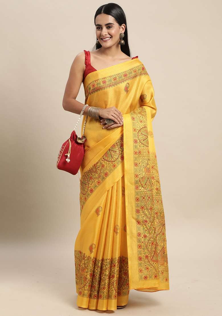 Mustard Printed Khadi Silk Blend Saree Set - Indya