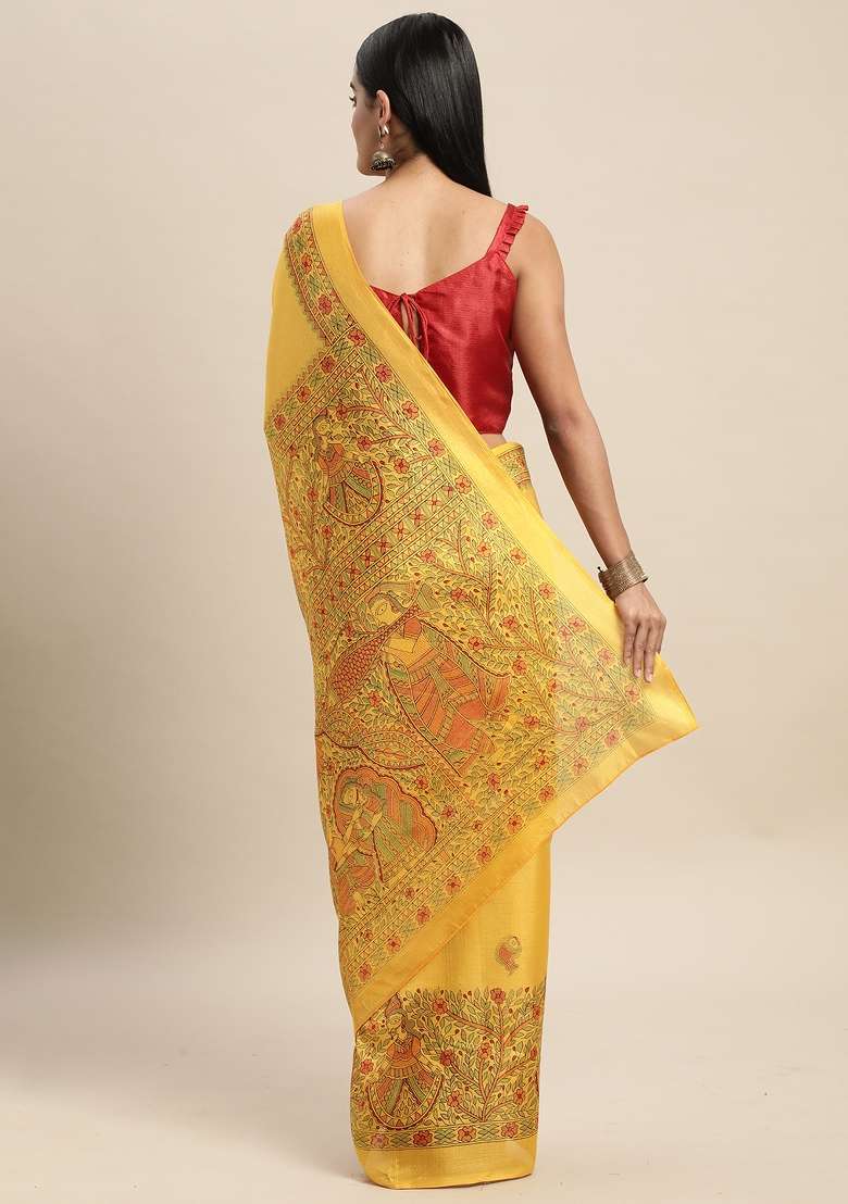 Mustard Printed Khadi Silk Blend Saree Set - Indya
