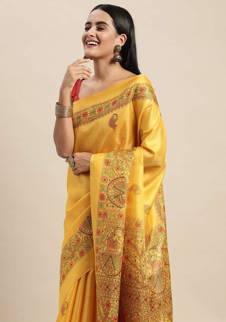 Mustard Printed Khadi Silk Blend Saree Set - Indya