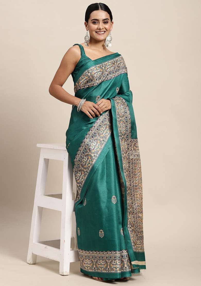 Tealblue Printed Khadi Silk Blend Saree Set - Indya