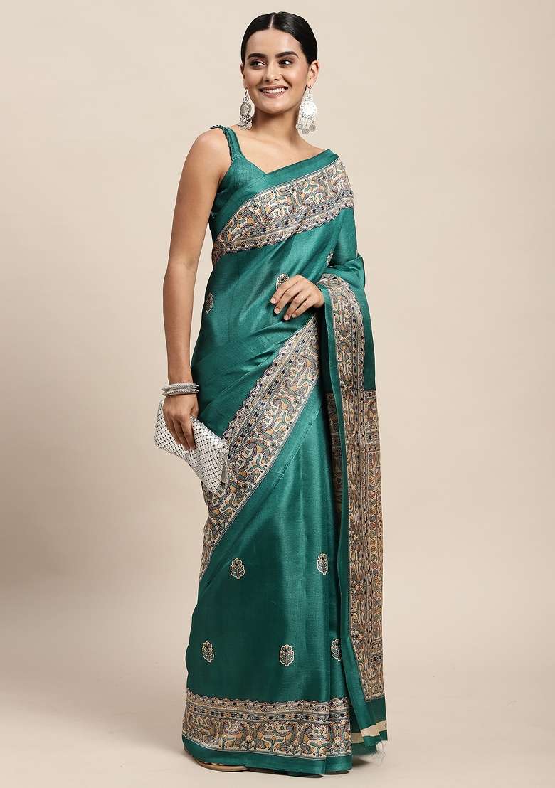 Tealblue Printed Khadi Silk Blend Saree Set - Indya