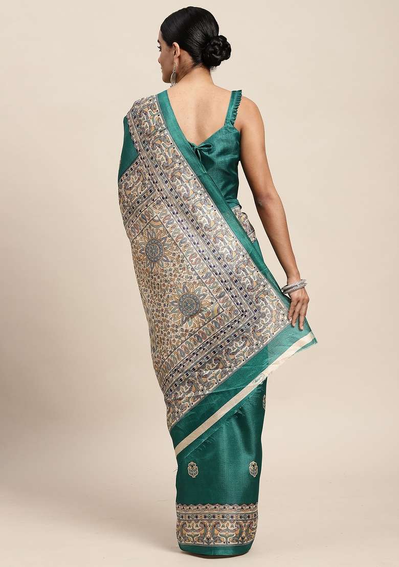 Tealblue Printed Khadi Silk Blend Saree Set - Indya