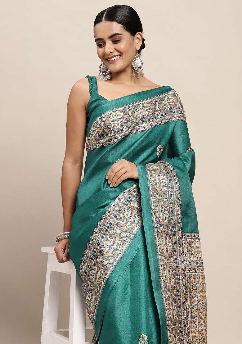 Tealblue Printed Khadi Silk Blend Saree Set - Indya