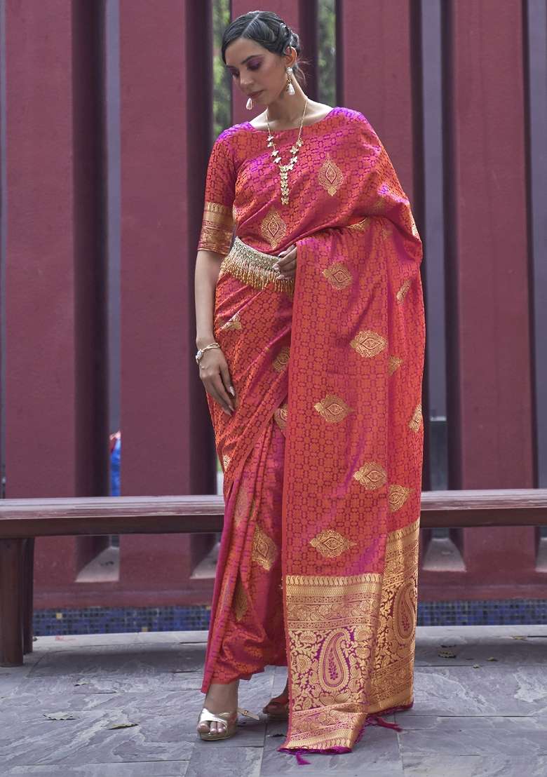 Peach Pure Silk Blend Saree Set with Printed for Diwali | Wedding & Festive Wear - Indya