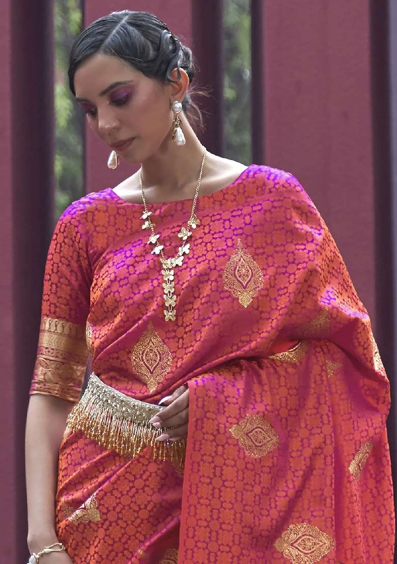 Peach Pure Silk Blend Saree Set with Printed for Diwali | Wedding & Festive Wear - Indya