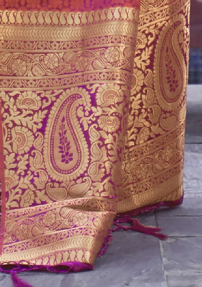 Peach Pure Silk Blend Saree Set with Printed for Diwali | Wedding & Festive Wear - Indya