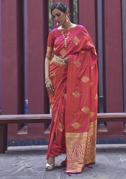 Peach Printed Pure Silk Saree Set — view on Indya