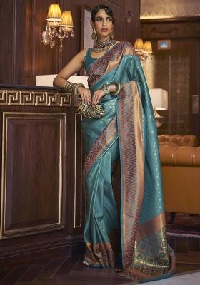 Turquoise Printed Silk Blend Saree Set