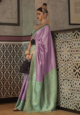 Lavender Printed Silk Blend Saree Set