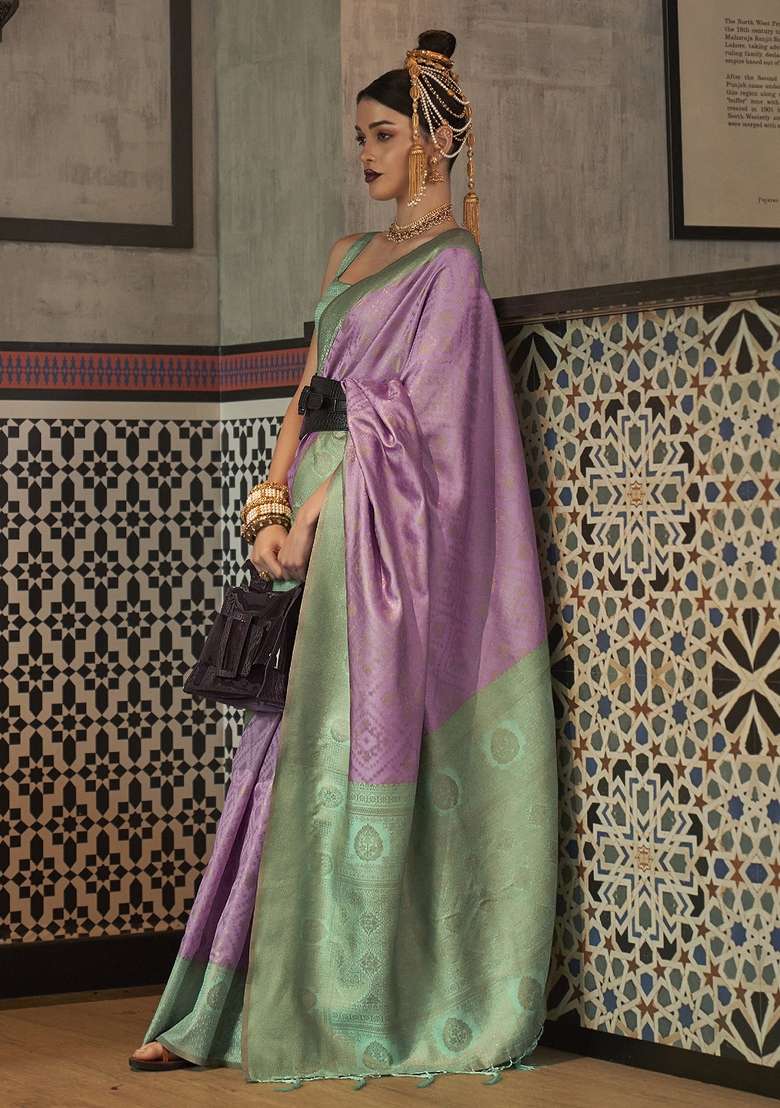 Lavender Printed Silk Blend Saree Set - Indya