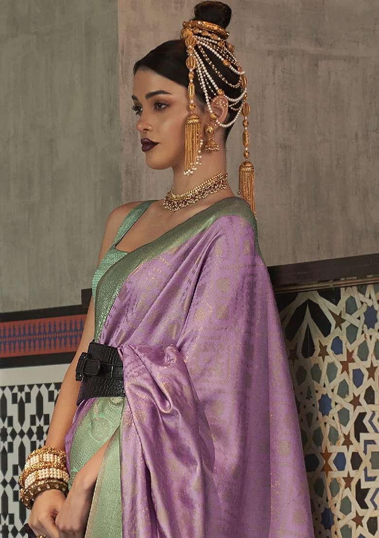 Lavender Printed Silk Blend Saree Set - Indya