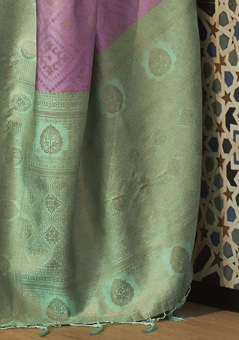Lavender Printed Silk Blend Saree Set - Indya