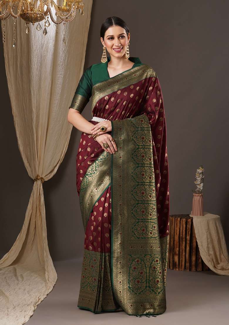 Brown Silk Blend Saree Set with Printed for Diwali | Wedding & Festive Wear - Indya