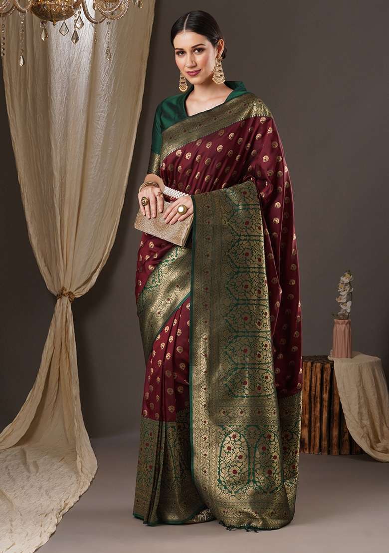 Brown Silk Blend Saree Set with Printed for Diwali | Wedding & Festive Wear - Indya