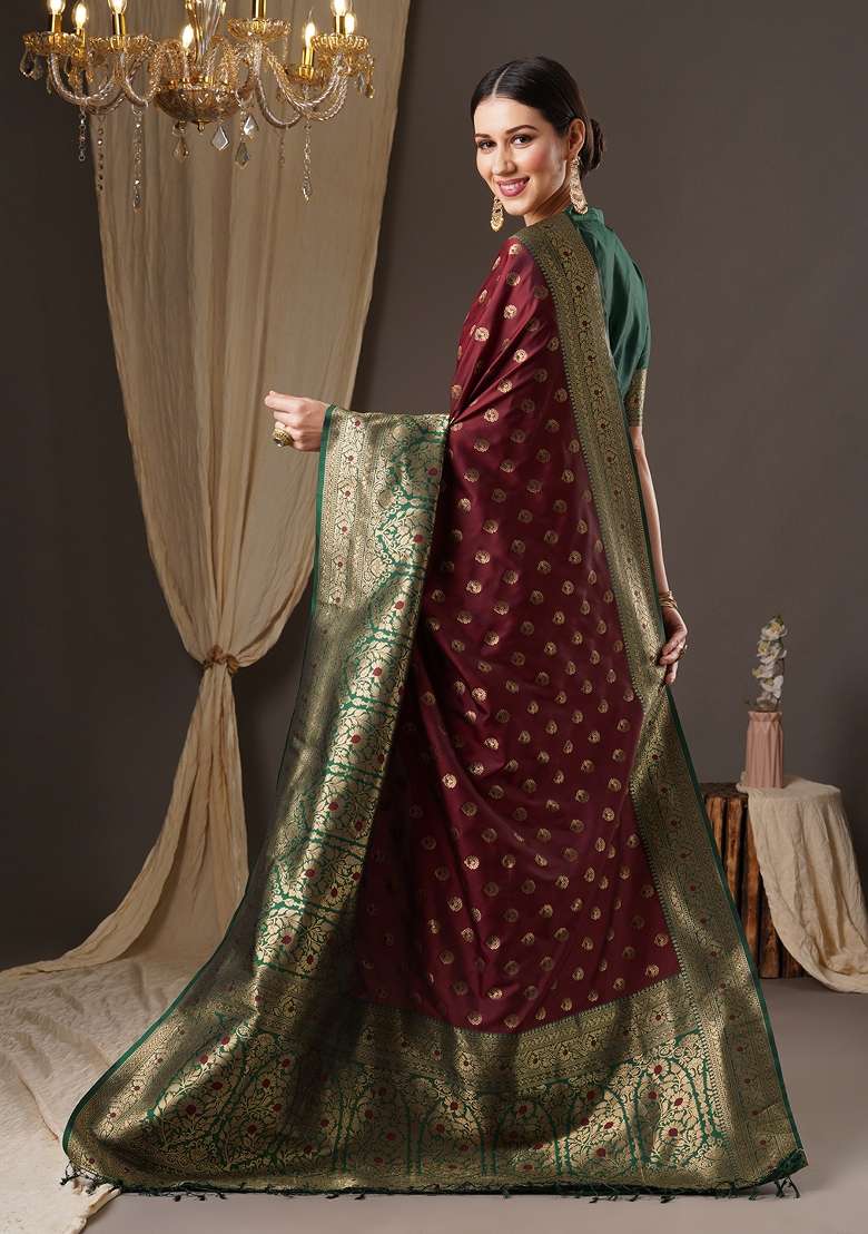 Brown Silk Blend Saree Set with Printed for Diwali | Wedding & Festive Wear - Indya