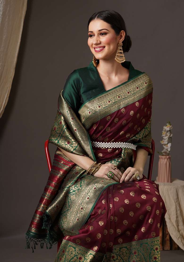 Brown Silk Blend Saree Set with Printed for Diwali | Wedding & Festive Wear - Indya