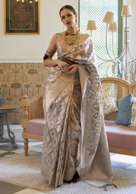 Grey Printed Tissue Saree Set