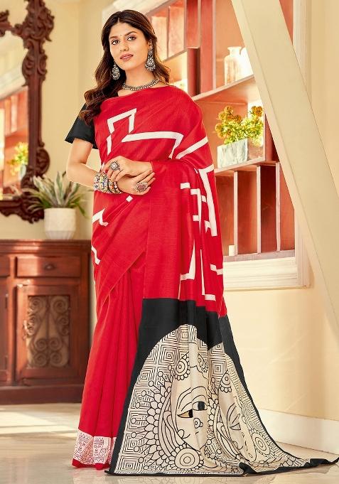 Red Printed Bhagalpuri Silk Saree Set — view on Indya