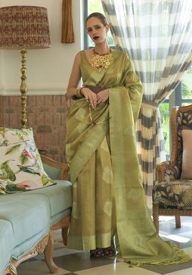 Olive Printed Silk Blend Saree Set
