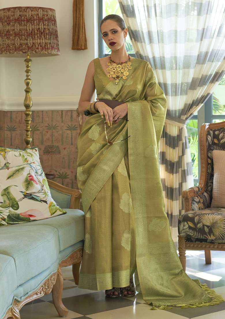 Olive Printed Silk Blend Saree Set for Diwali and Festive Wear - Indya