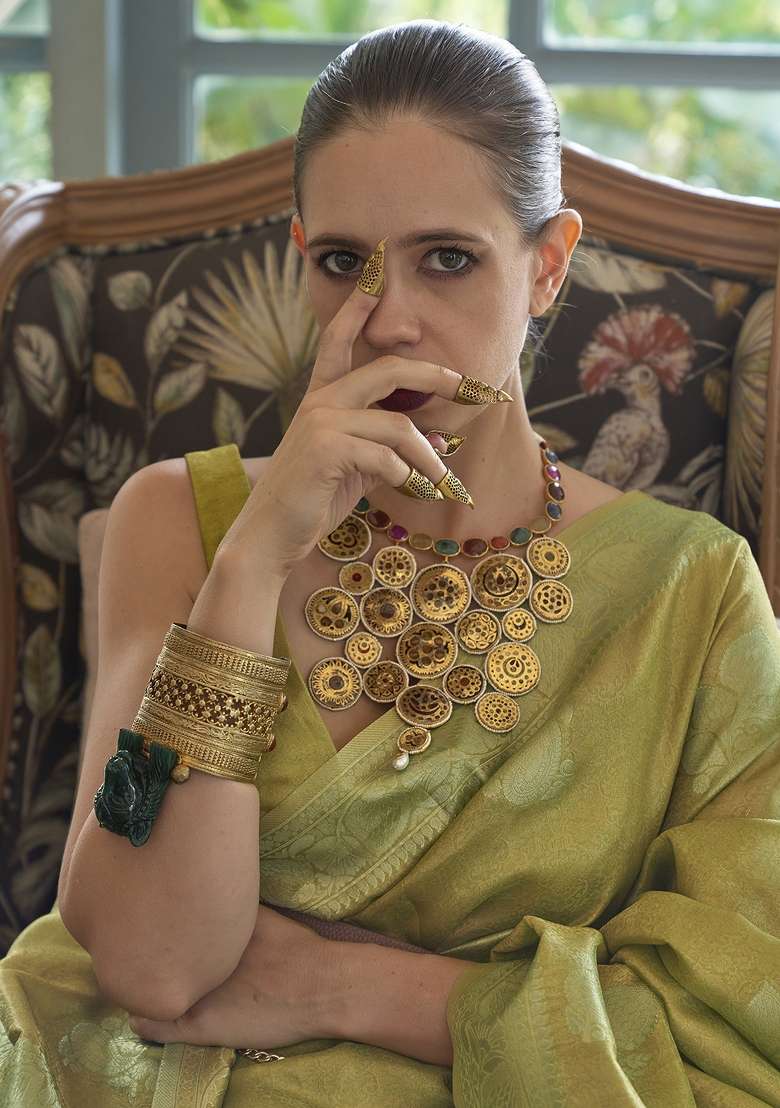 Olive Printed Silk Blend Saree Set for Diwali and Festive Wear - Indya