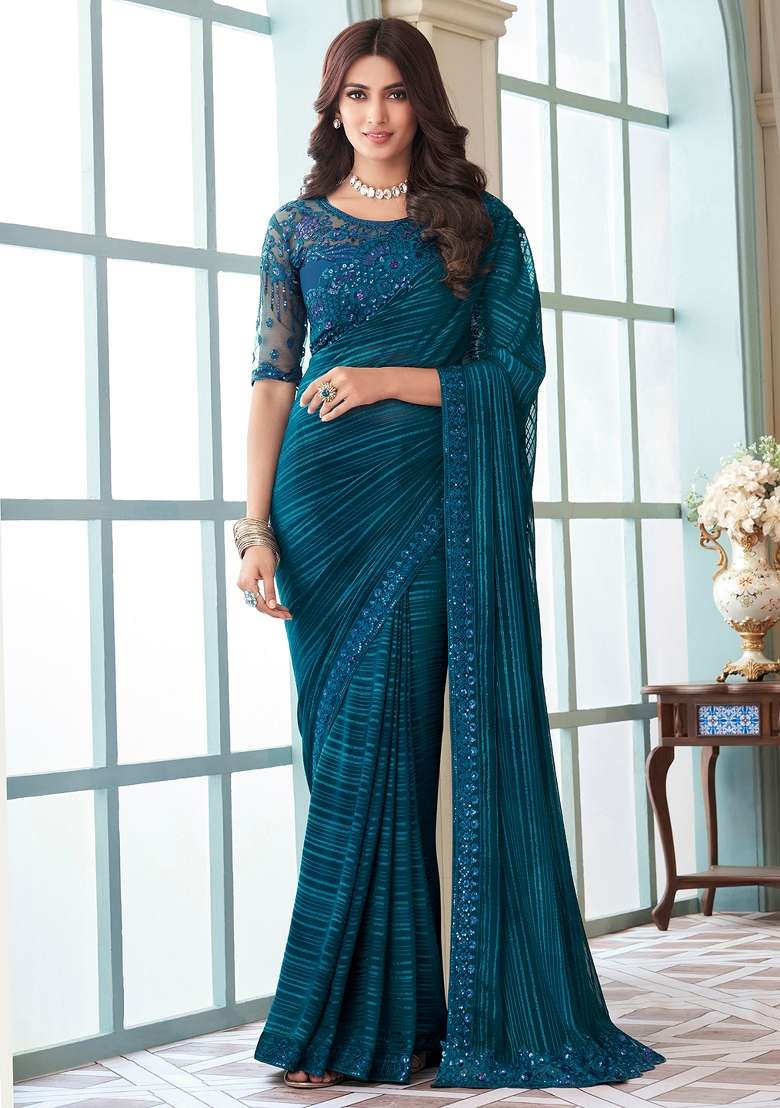 Tealblue Georgette Saree Set with Printed for Diwali | Wedding & Festive Wear - Indya