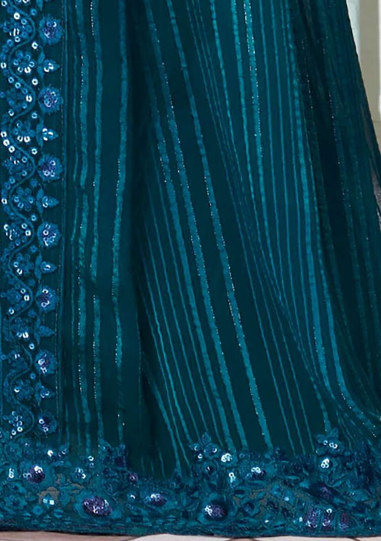 Tealblue Georgette Saree Set with Printed for Diwali | Wedding & Festive Wear - Indya